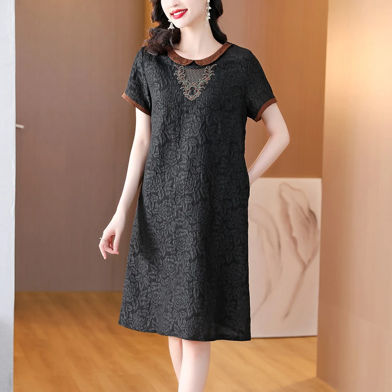 

Summer Fashion Silk Round Neck Short Sleeve Dress Women's Summer Elegant Versatile Loose Fit Casual Holiday Mini Dress Vestidos