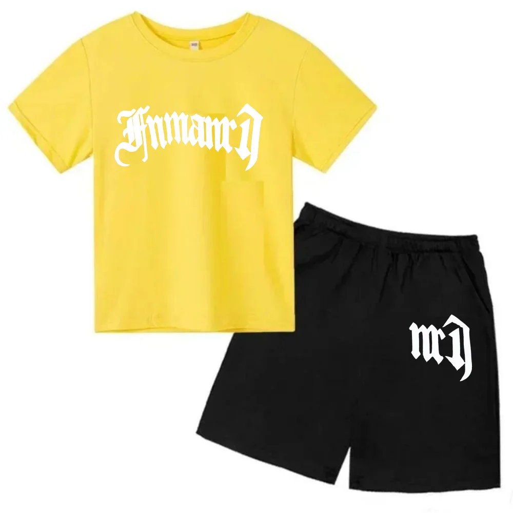 thumbnail image 1 of Ropa para niños con estampado de marca gótica, conjunto de camiseta y pantalones cortos de verano para adolescentes, 2 piezas, manga corta, moda informal para niños y niñas, 1 of 5