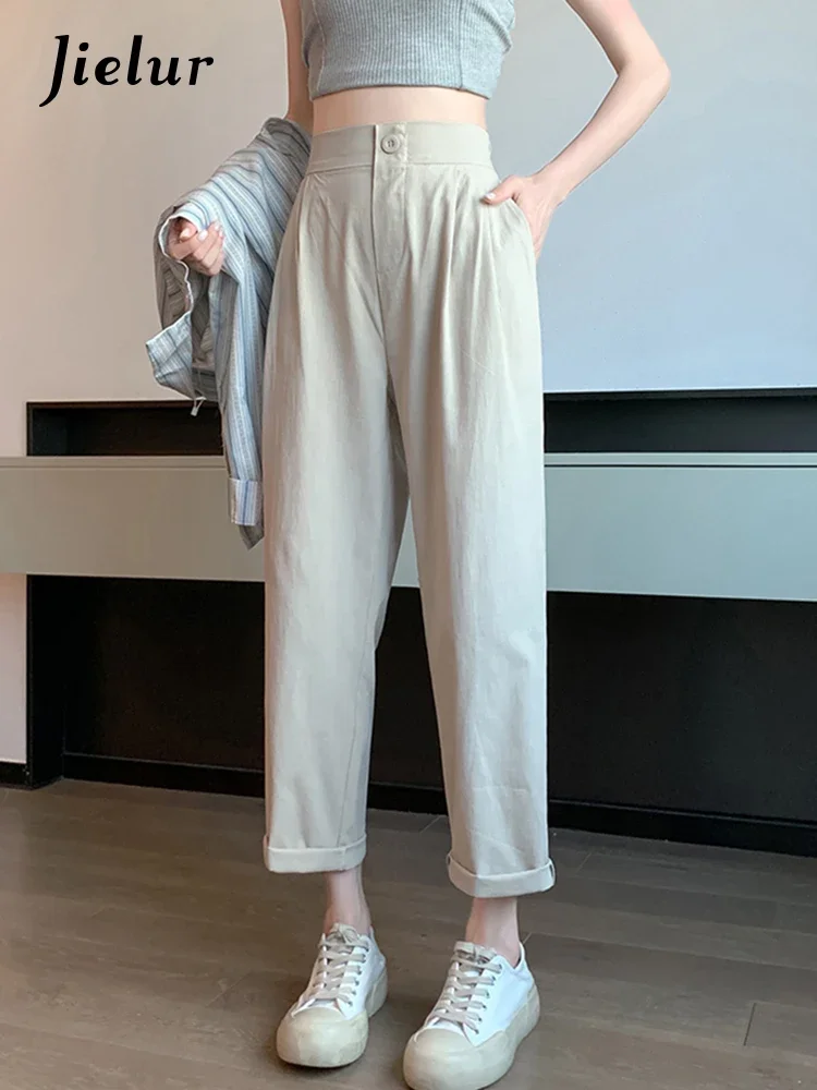 Jielur Solid Color Pants Women Elastic Waist Casual Straight Pants Summer Slim Loose Black Ice Silk Pants Korean Pink Trousers