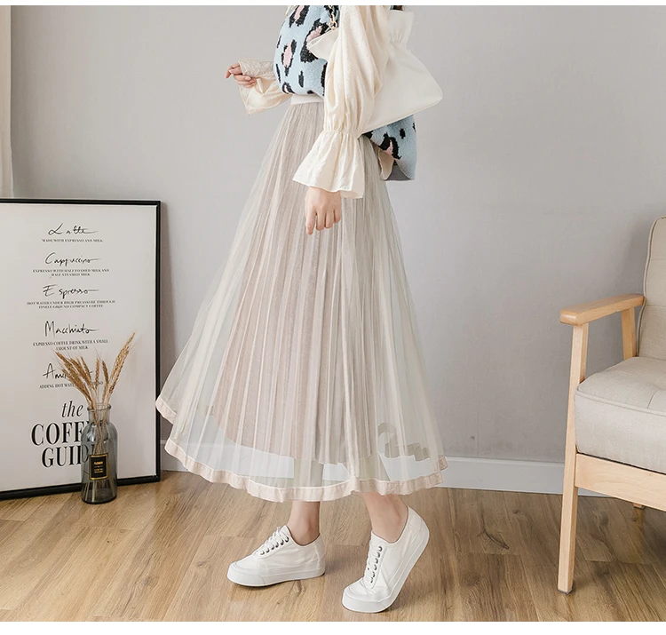 2019 Autumn Winter Skirt Elegant Mesh Gold Velvet Patchwork High Waist Pleated Lace Skirts Womens Casual Party Black Skirt ruffle skirt