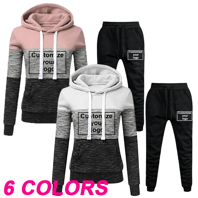 2023 New Women's Jogging Set Customization Your Logo Tri Color Panel Hooded Sweatshirt and Sweatpants Women's Casual Sports Set [fila]explore logo sweatshirt