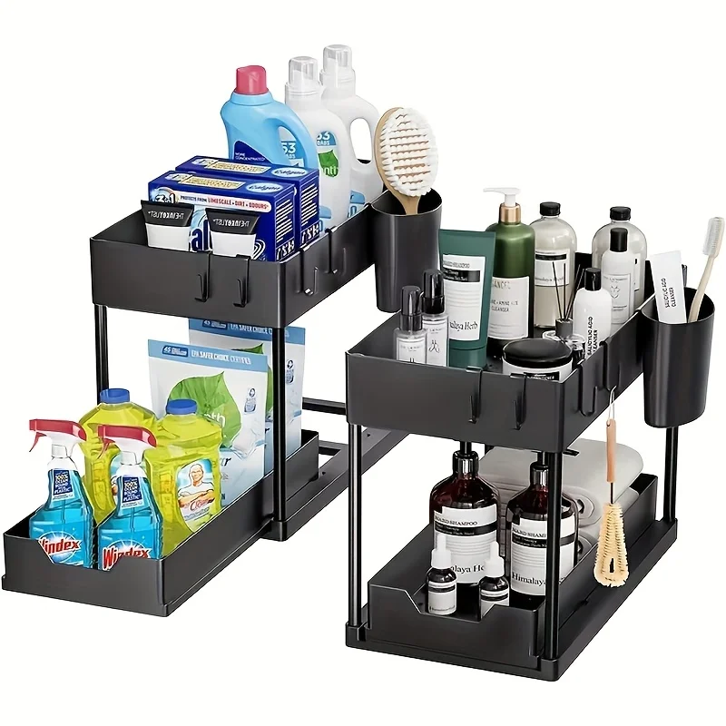 2 Tier Under Sink Organizer Sliding Cabinet Basket Organizer Storage Rack with Hooks Hanging Cup Bathroom Kitchen Organizer 6
