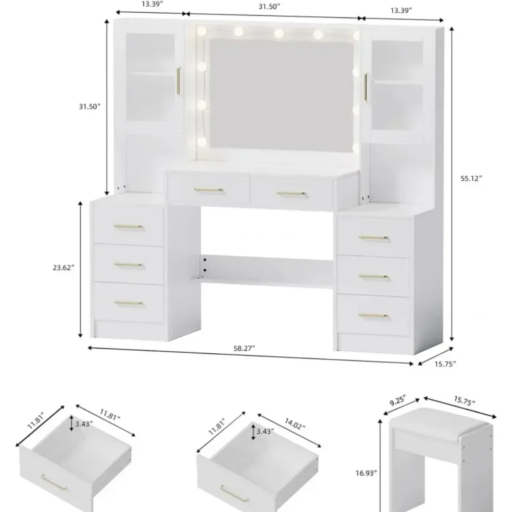 58.3" Vanity Desk with Mirror & Lights, Makeup Vanity with 10 LED Lights, 8 Metal Sliding Drawers & 2 Cabinets, White Vanity Set 2