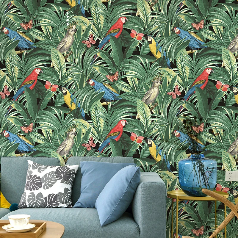 

Обои с изображением тропических лесов Юго-Восточной Азии, цветов и птиц, обои с зелеными листьями, обои для отеля, гостиной, спальни, настенная роспись