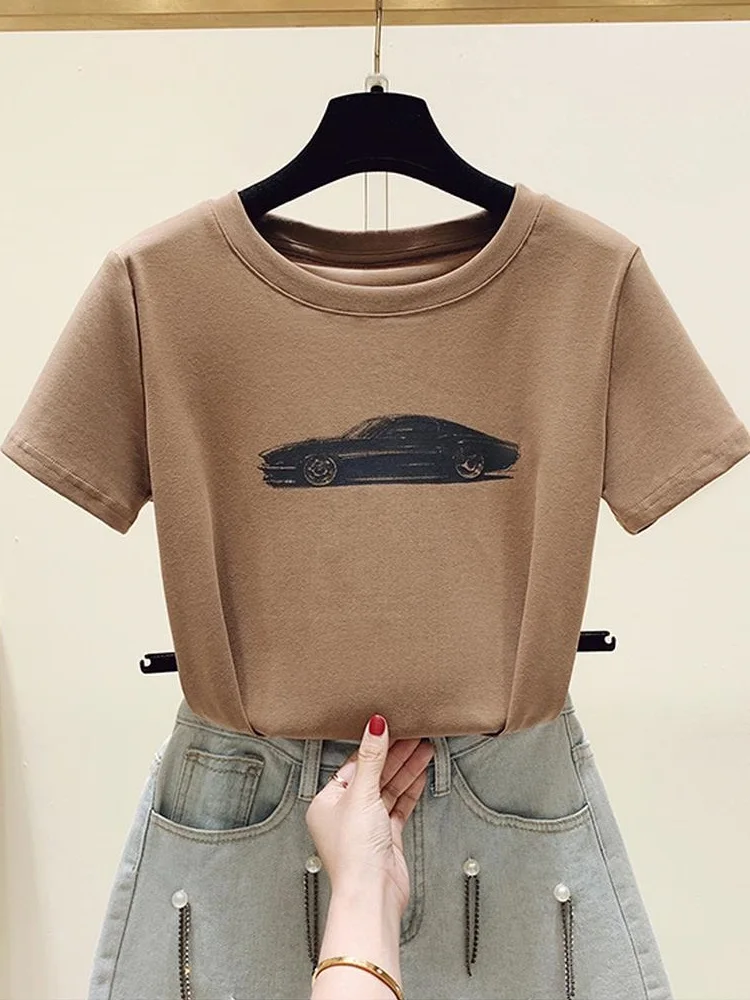 

TuangBiang Summer 2022 Sports Car Printing O-Neck Tees Slim Casual Cotton White T-Shirt Fashion Short Sleeve Ladies Tshirt Tops