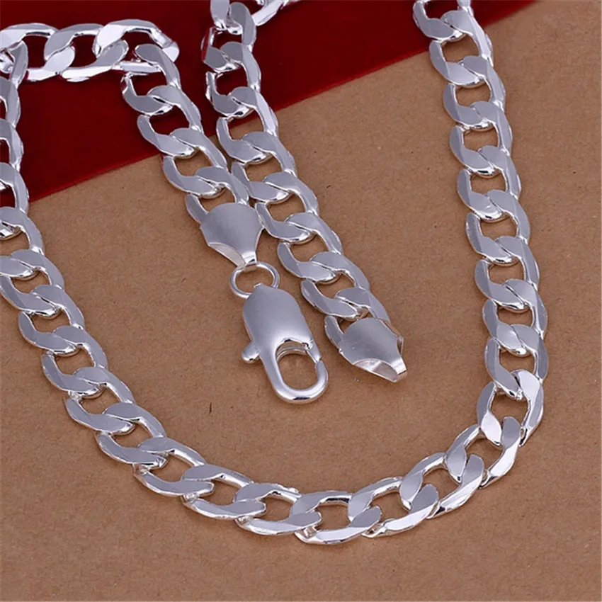

Fashion fine for women Men 10MM flat chain noble sideways 925 Stamp silver Necklace wedding Jewelry high quality