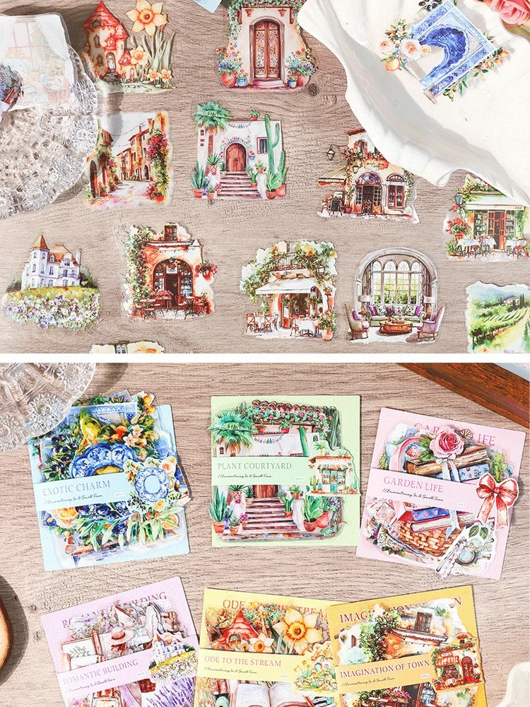 Forest Small Town Series 20Pcs Aesthetic PET Stickers Waterproof Vintage Building Scenery for Journals Planners Scrapbooking