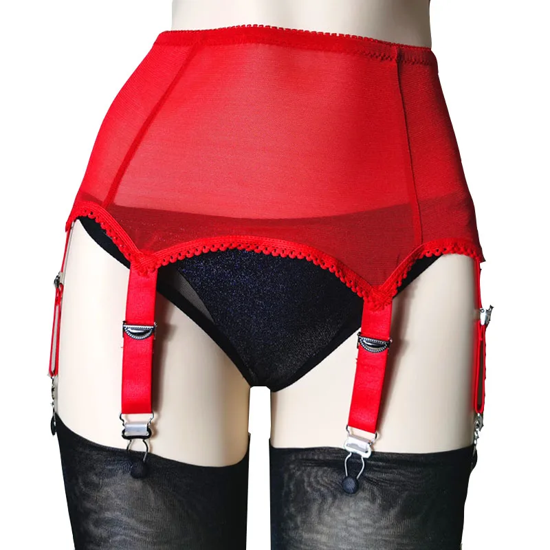 Elegant Black Mesh Garter Belt with Six Straps and Metal Clips