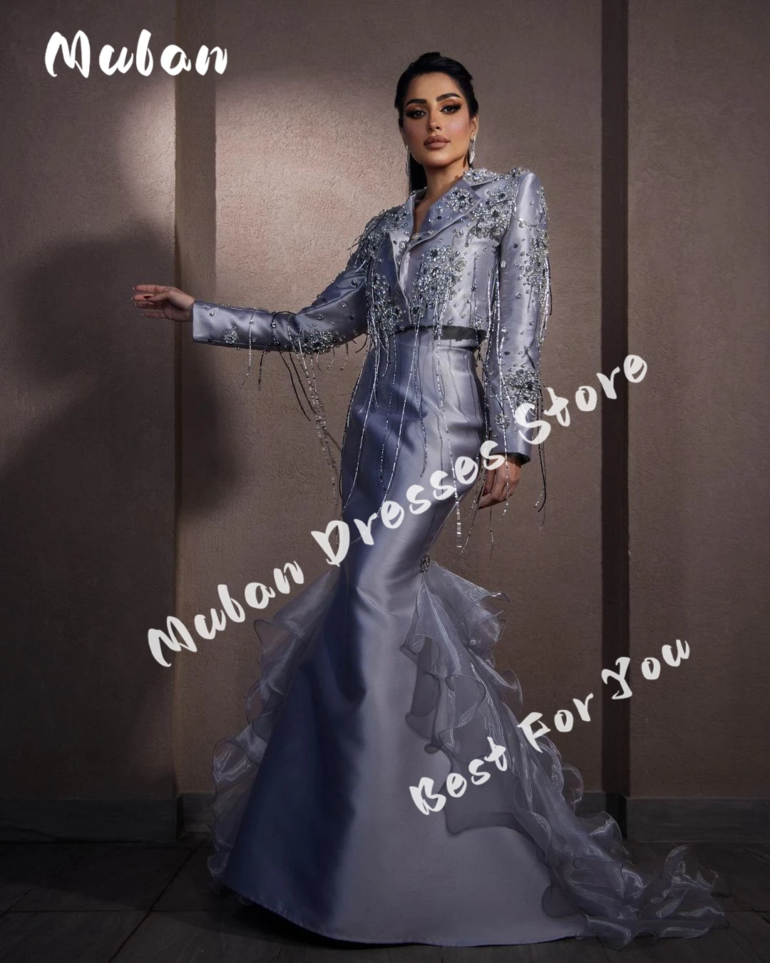 

Arabia Women Crystal Satin Luxury Evening Dresses 2024 Long Sleeves Mermaid Formal Dresses For Prom vestidos de fiesta
