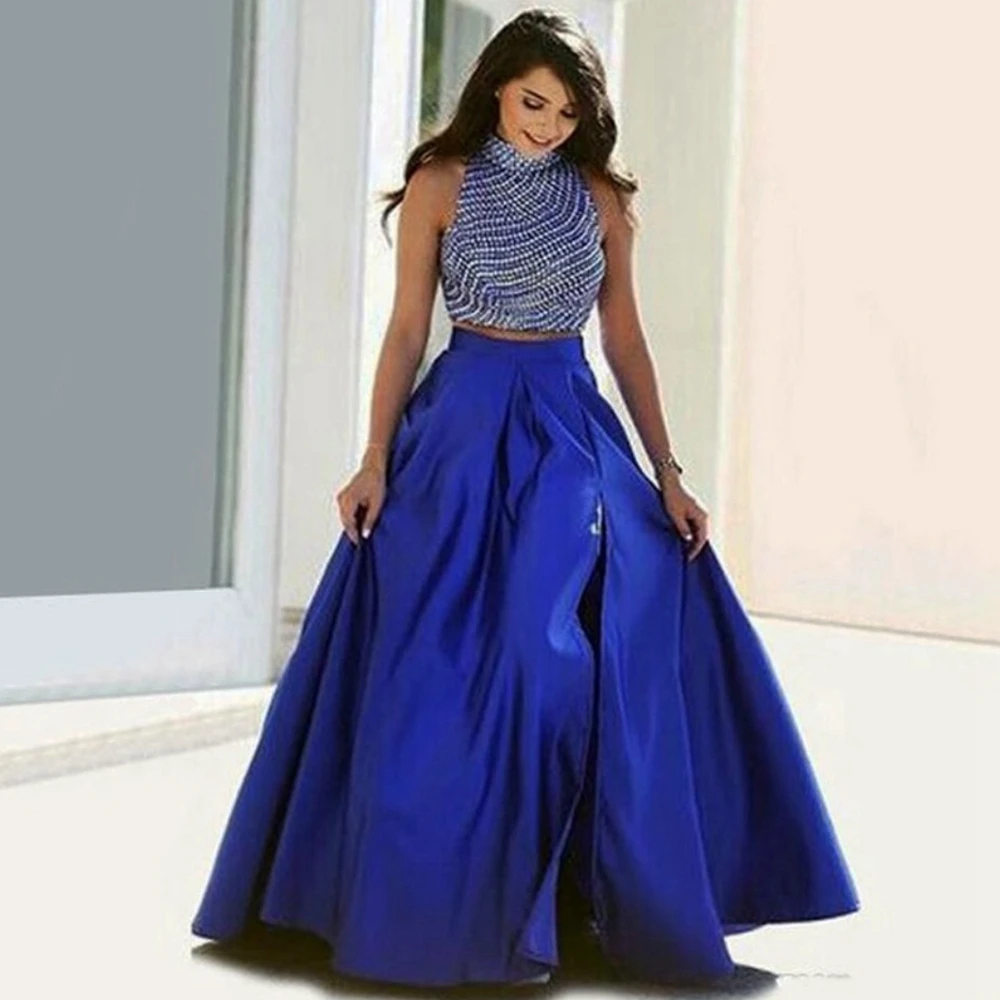 

Puffy Sexy Royal Blue Satin Long Skirts With High Side Split Long Pleated Women Skirt To Prom Party Custom Made Summer Clothing