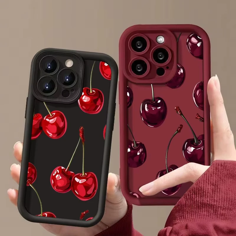 Elegant Wine Red Cherry Print Silicone Phone Case - Soft, Stylish Back Cover