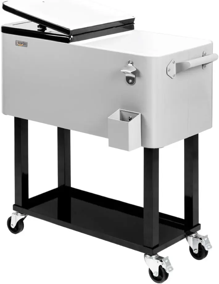 

80 Quart Rolling Ice Chest, Portable Patio Party Bar Drink Cooler Cart, with Shelf, Beverage Pool with Bottle Opener,Grey