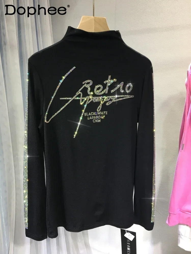 

Heavy Embroidery Hot Drilling Bottoming Shirt Women Luxury Letter Half Turtleneck Slim Fit Black Inner Wear T-shirt Autumn Tops