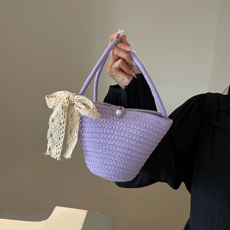 Women's Casual Cotton Woven Handbag Summer Beach Bag Small Shell Weave Shopper Tote with Lace Ribbon Shoulder Crossbody Strap