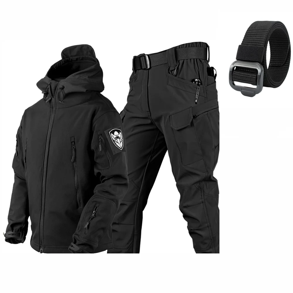 

2023Shark Skin Soft Shell Winter Plush Thickening Suitable For Encamp Skiing Fishing Hunting Hiking Waterproof Jacket Pants Set