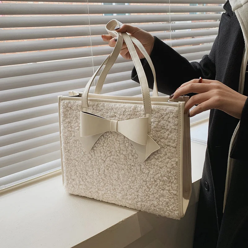 

New Winter Women's Plush Shoulder Bag Luxury Designer High Quality PU Leather Ladies Handbag Pure Color Wool Bow Female Tote Bag
