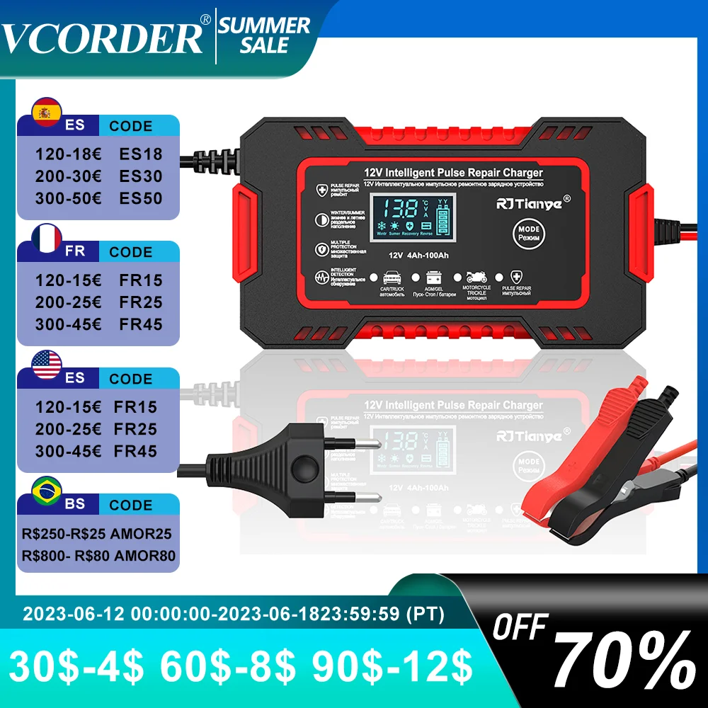 Vcorder 12v 6a Full Automatic Car Battery Charger 100ah Motorcycle
