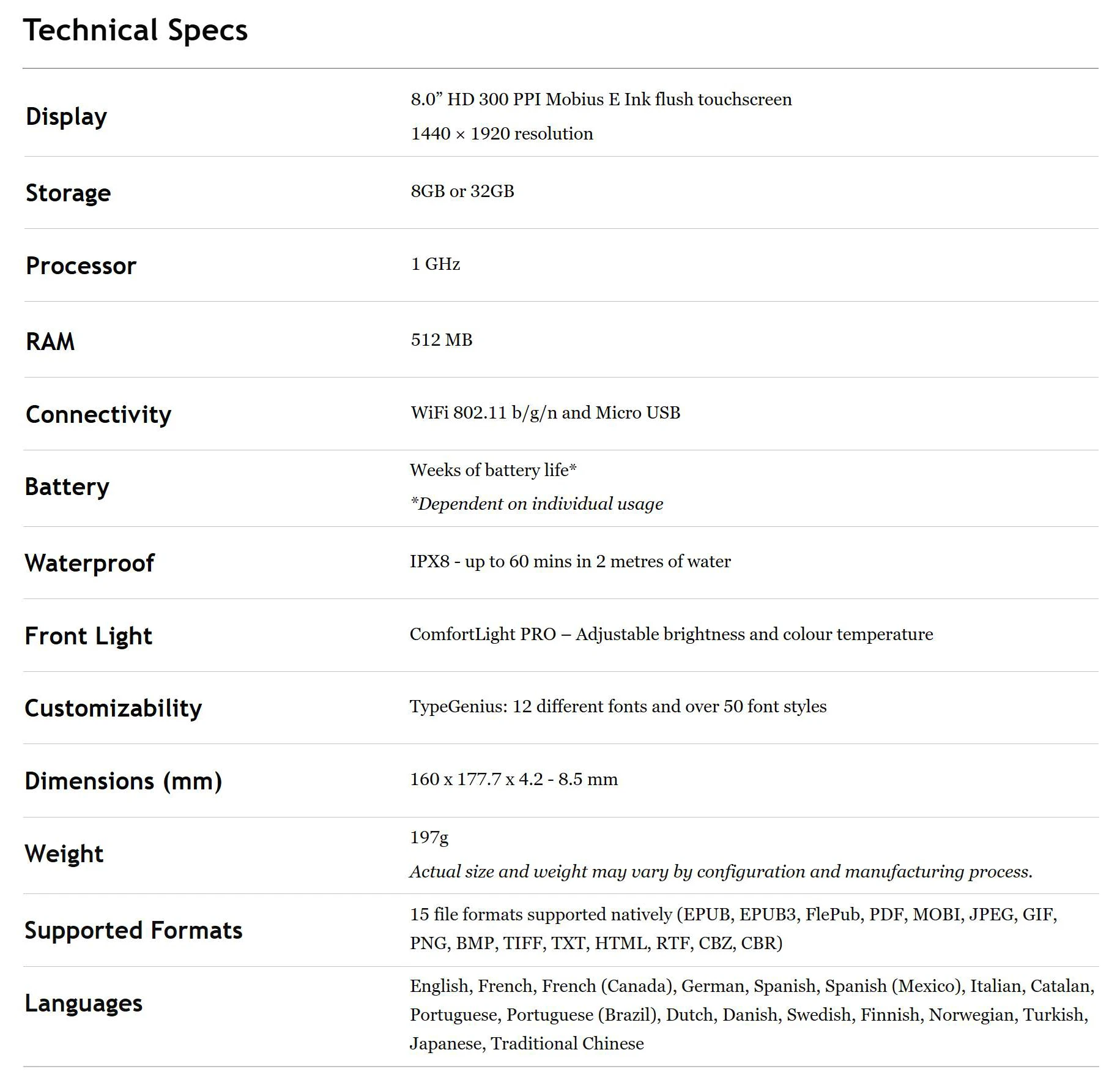Description Picture 2 of item8Inch KOBO Forma ebook 300PPI N782 E-Reader Digital eBook Reader with Touchscreen Waterproof ComfortLight PRO kindle onyx boox