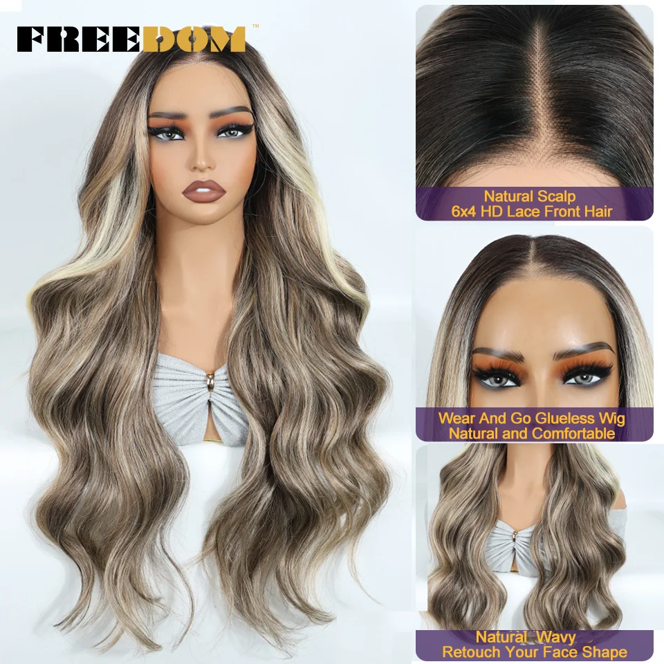 FREEDOM Synthetic Lace Front Wigs For Woman Long Body Wave 6x4 Lace Wig Ombre Brown Pre Plucked Pre Cut Wear and Go Glueless Wig 3