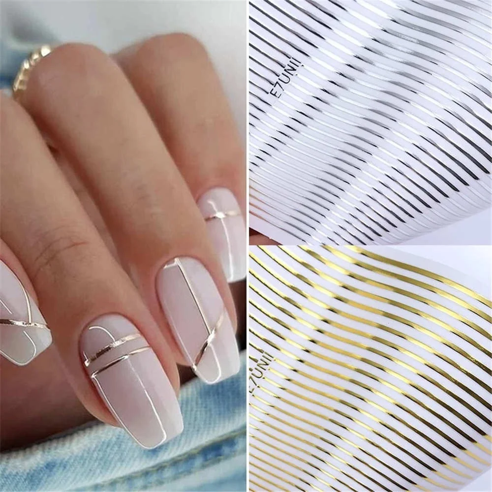 2PCS 골드 실버 라인 스트라이프 DIY 네일 스티커 기하학적 흔들며 자기 ..