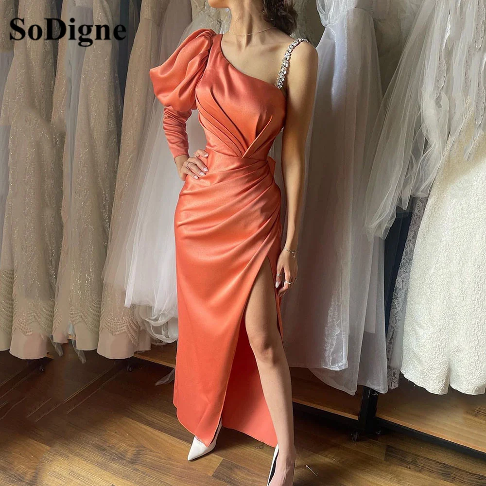 

SoDigne One Sleeves Mermaid Evening Dresses Beads Shoulder Strap Prom Gowns Elegant Pleats Side Split Formal Party Dress 2023