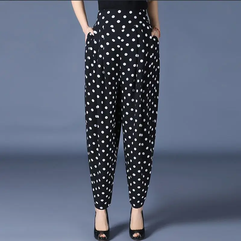 

Summer Women's 2024 New Patchwork High-waisted Pocket Polka Dot Folds Fashion Office Lady Casual All-match Loose Harlan Pants