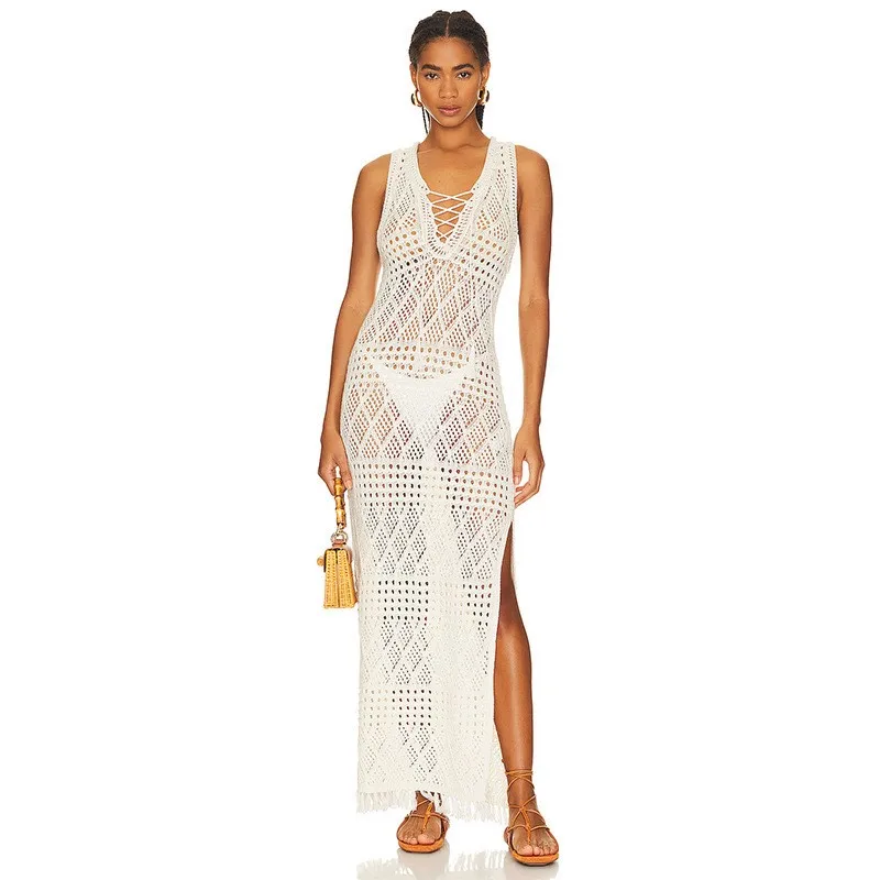 

Накидка на бикини, Пляжное платье, длинный купальник, Летний жилет, вязаный пикантный купальник с разрезом, новинка 2024, свободный однотонный купальник из полиэстера без рукавов