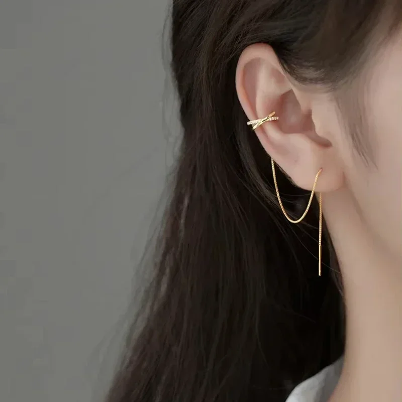 Ear Clip Earrings Non-Piercing Cuff For Women Tassel Rhinestone Chain