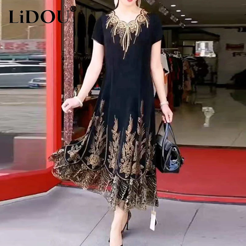 

Summer New Loose Casual Embroidery Patchwork Short Sleeve Dress Ladies Oversized Elegant Fashion Robe Vestidos Women's Clothing