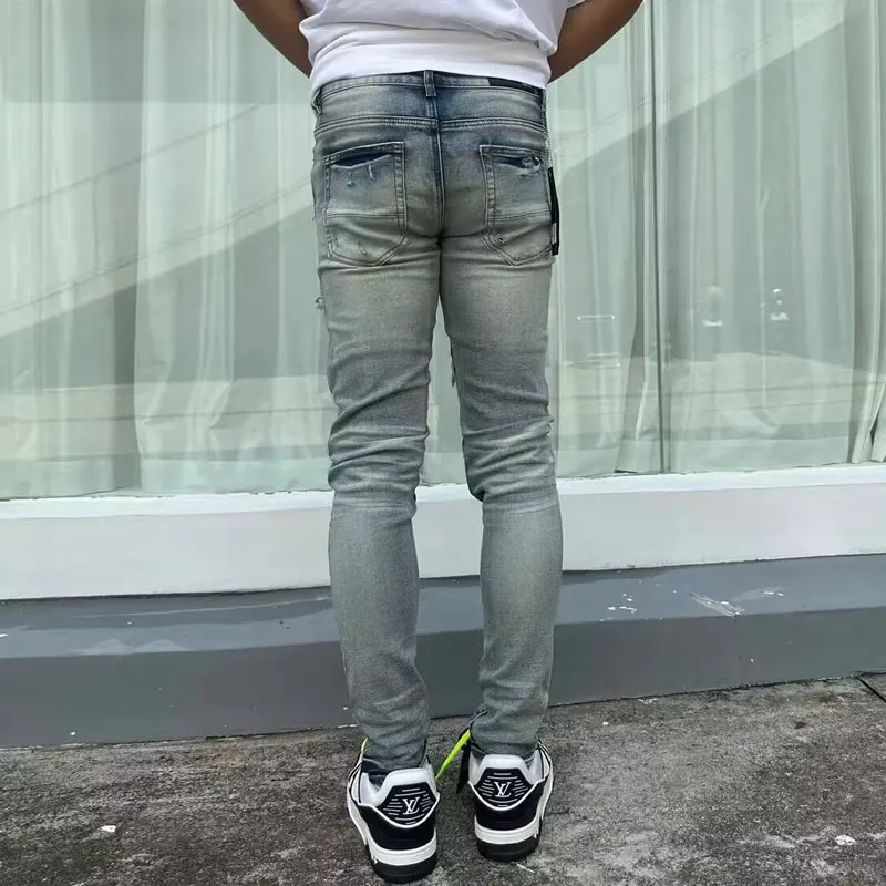 Latest Designer Street Fashion Men's Slim Fit Jeans Vintage Blue Elastic Split Jeans White Patch Pants Spliced Hip Hop Performa