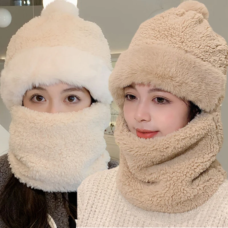 

Winter Warm Beanie Hat Scarf Set Outdoor Women Cashmere Ski Windproof Hat Thick Plush Fleece Fluffy Beanies Full Face Neck Warm