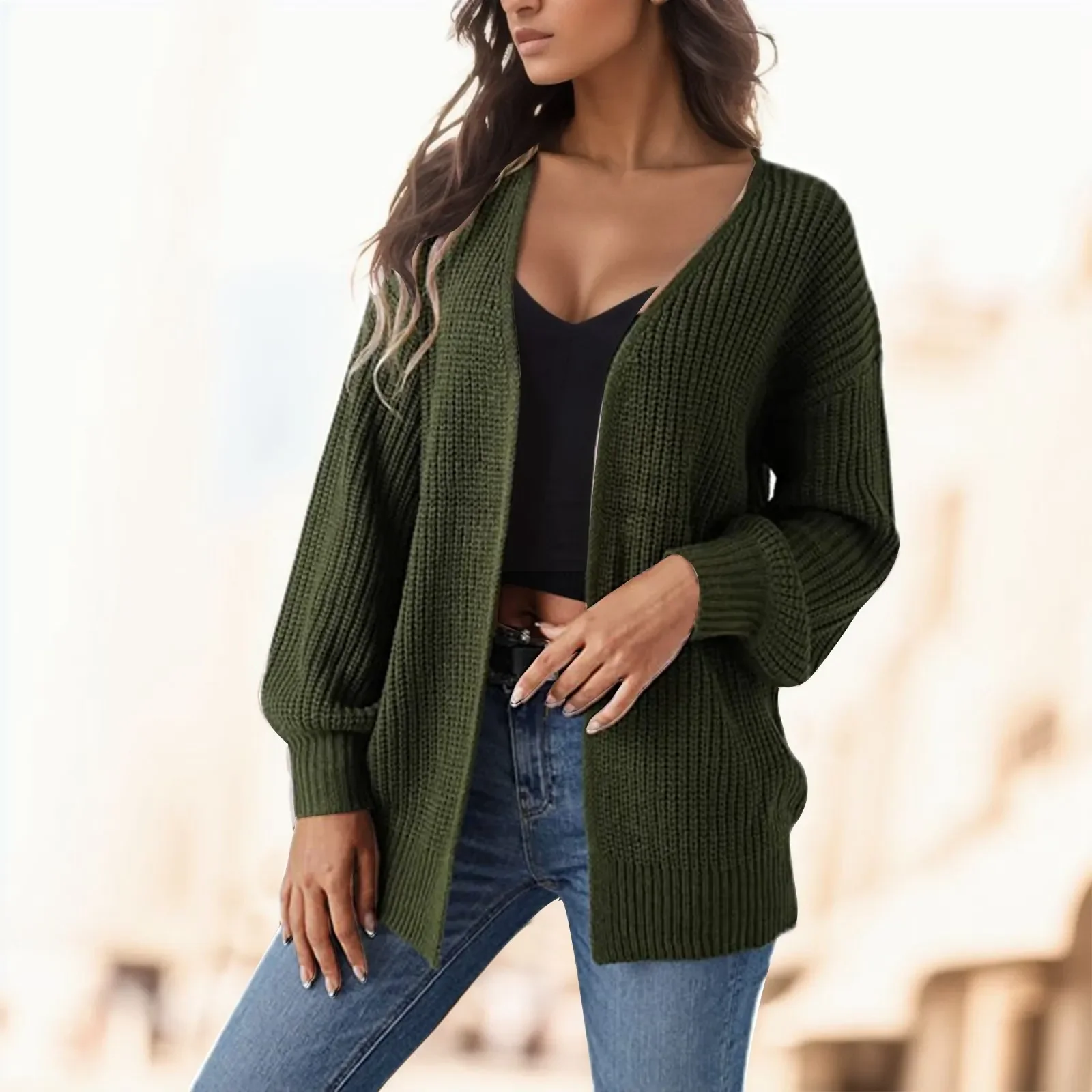 

Women's Knitted Long Sleeve Cardigan Autumn Winter Open Front Drape Pockets Cardigan Sweater Outerwear Loose Elegant Cardigans