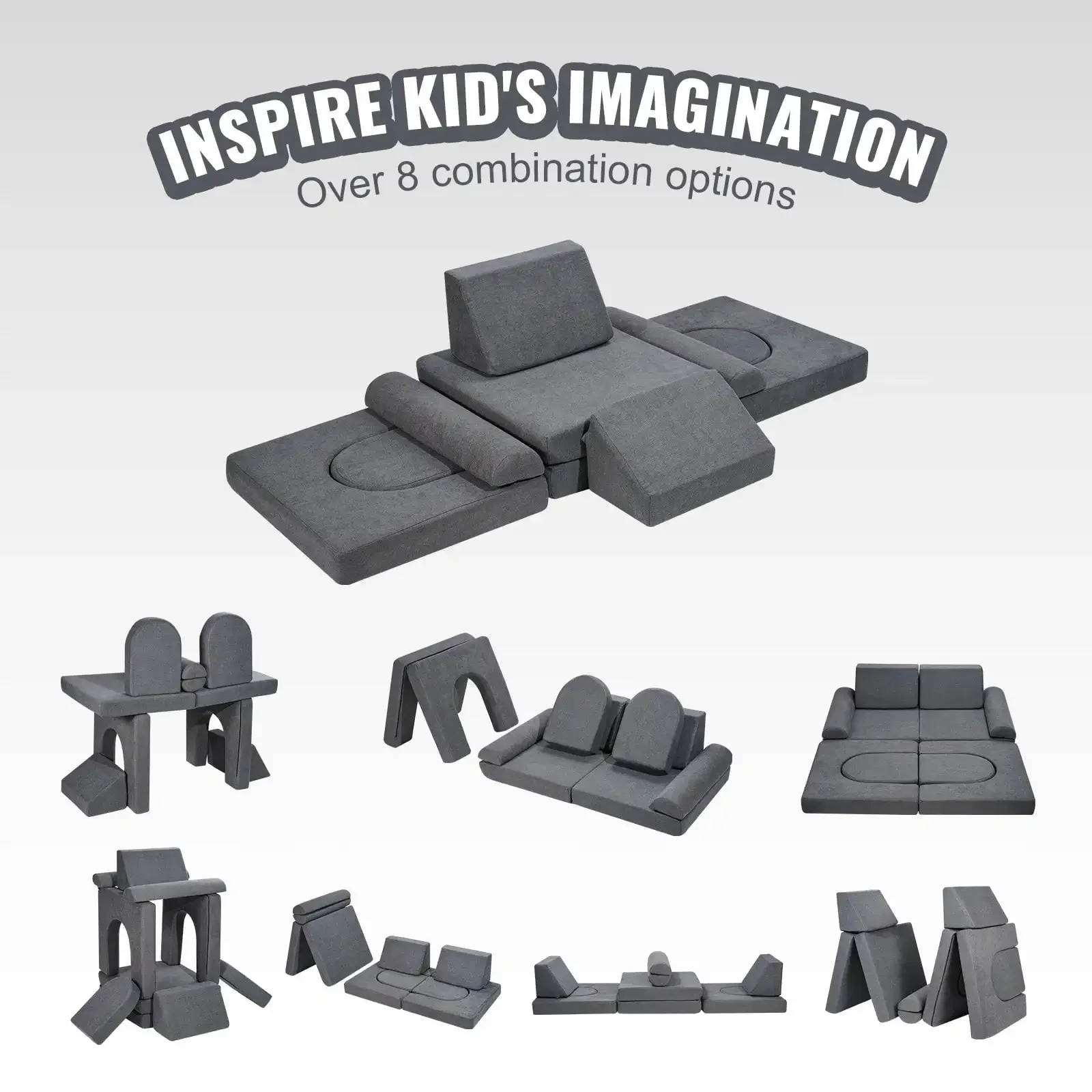 Kids Couch, 10Pcs Modular Kids Play Couch, Toddler Couch Sofa Bed, Kids Chair Seat Playroom Furniture, Grey 2