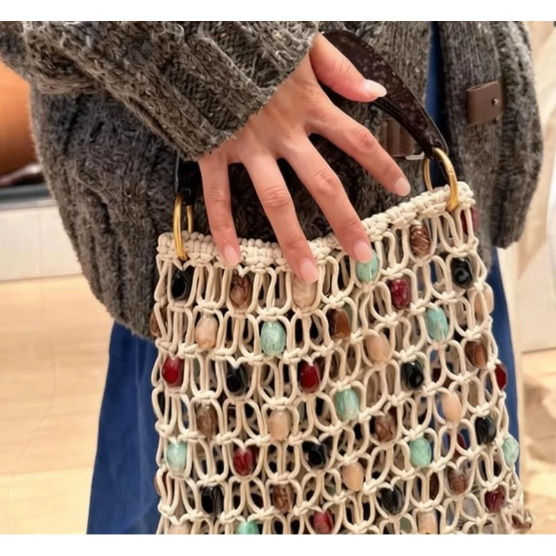 Borsa Vintage Artigianale con Perline, Borsa a Secchiello di Lusso Traforata di Design, Nuova Borsa Estiva da Spiaggia per Donne