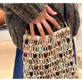 Borsa Vintage Artigianale con Perline, Borsa a Secchiello di Lusso Traforata di Design, Nuova Borsa Estiva da Spiaggia per Donne