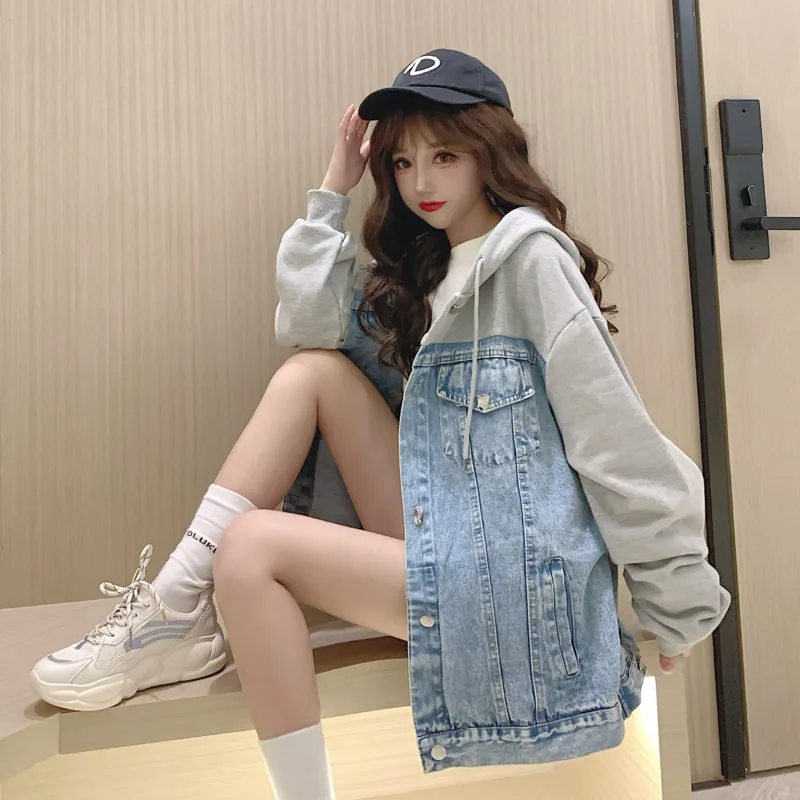 

2023 Spring New Hoodies Women Casual Patchwork Denim Jacket Button Hooded Sweater Loose Fashion Ins Contrast Color Outwear