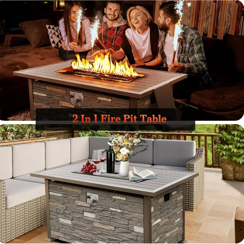 48 INCH Propane Fire Pit Outdoor Fire Table w/Faux Ledgestone Base, 50,000 BTU Gas Pit Table w/Aluminum Top,