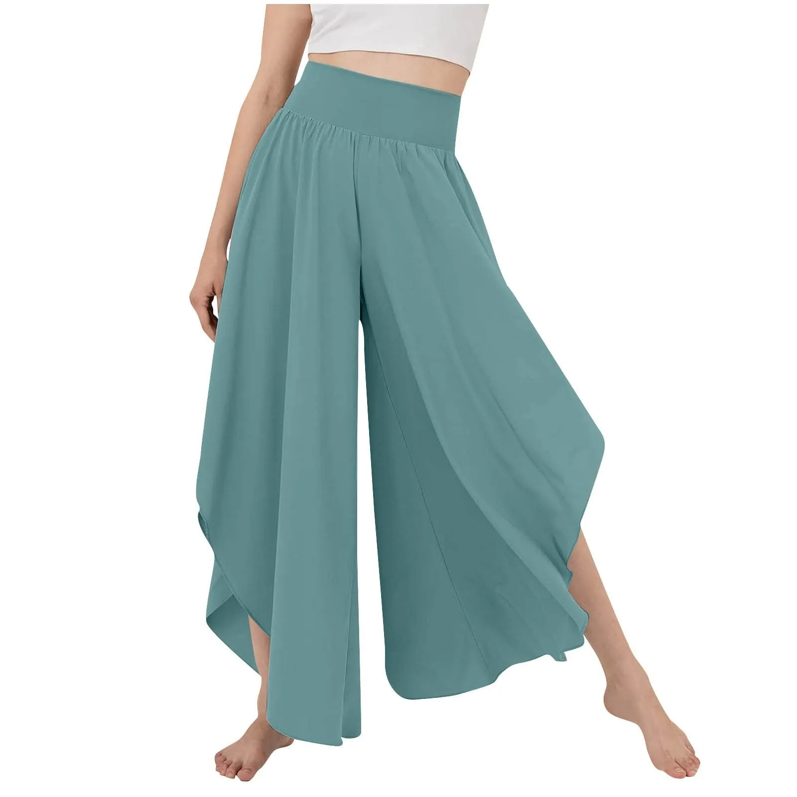 Women's Flowy Large Size Palazzo Pants Irregular Hem High Waist Casual Cropped Pants Summer Lightweight Elastic Beach Pants