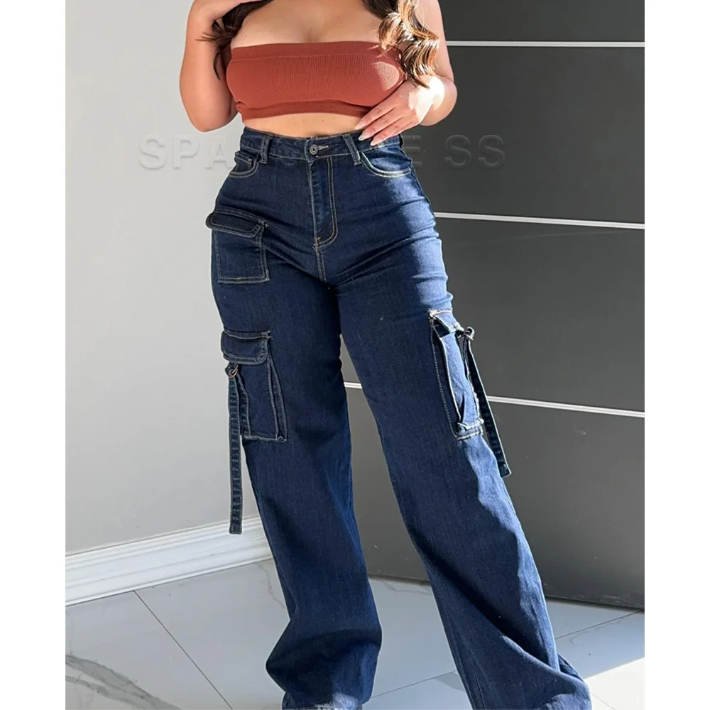 2024 Women's Jeans High Waist Slimming High Street Trousers Loose Straight Pocket Design Denim Pants Streetwear 4