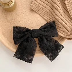 Embroidered Lace Bow Ribbon Hair Clip - Elegant Spring Headwear (Black)