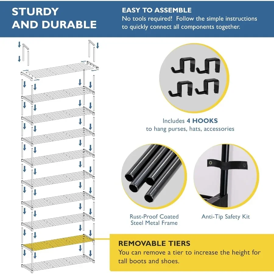 Shoe Rack 10 Tier Metal Shoe Rack for Front Door Entrance Sturdy Tall Shoe Organizer for Closet Bedroom Entryway Garage Black M