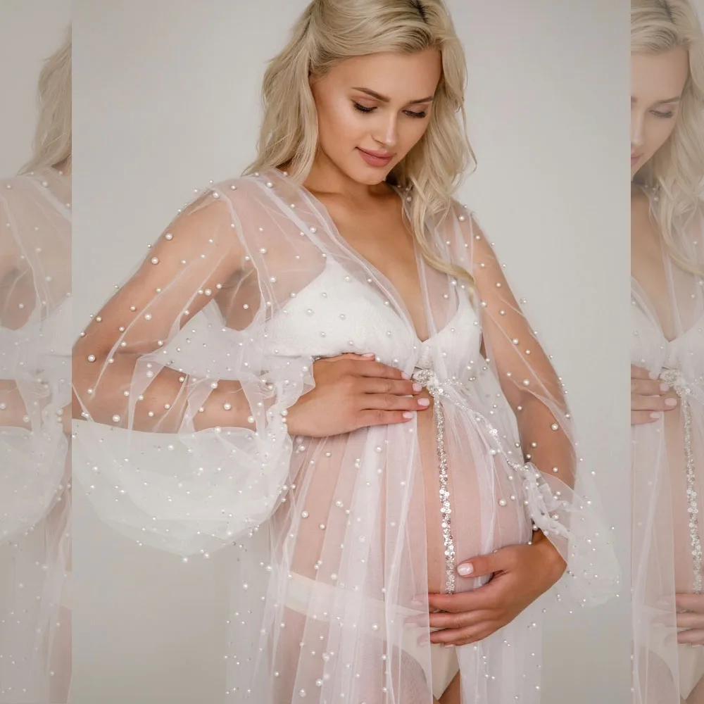 Maternity Photography Stereo Pearl Full Sleeve Tulle Coat Sexy Perspective Long Dress Pregnancy Gowns For Photo Shoot