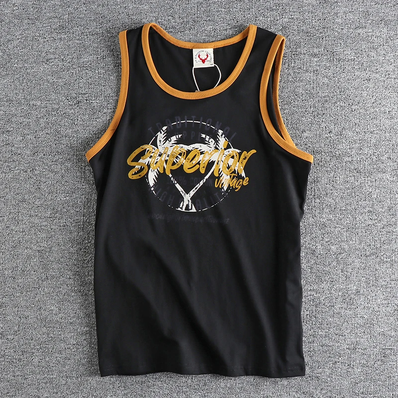 남성용 아메리칸 레트로 민소매 O넥 레터 프린트 티셔츠, 100% 코튼 워싱 올드 캐주얼 스포츠 조끼 상의, 여름 신상 