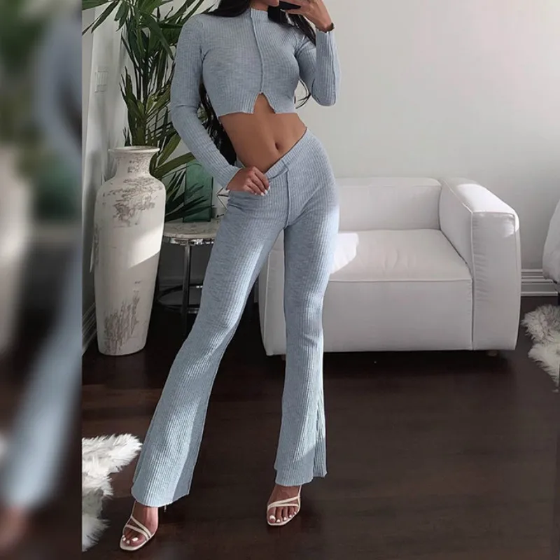 Women Sexy Two Piece Set Jogging Knitted Rib Tracksuit 2023 New Casual O Neck Slit Crop Top + Flare Pants Set Outfits Clubwears