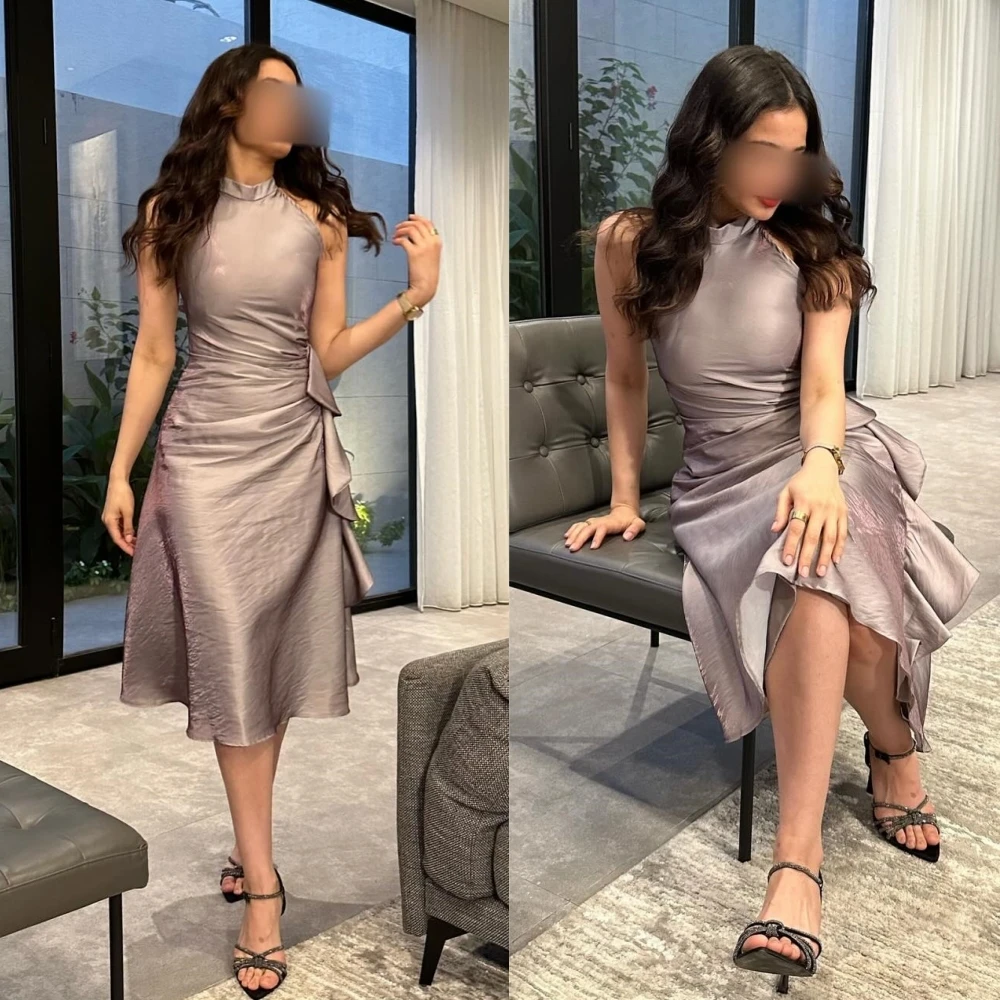 Satin Pleat Party A-line High Collar Bespoke Occasion Gown Knee Length es