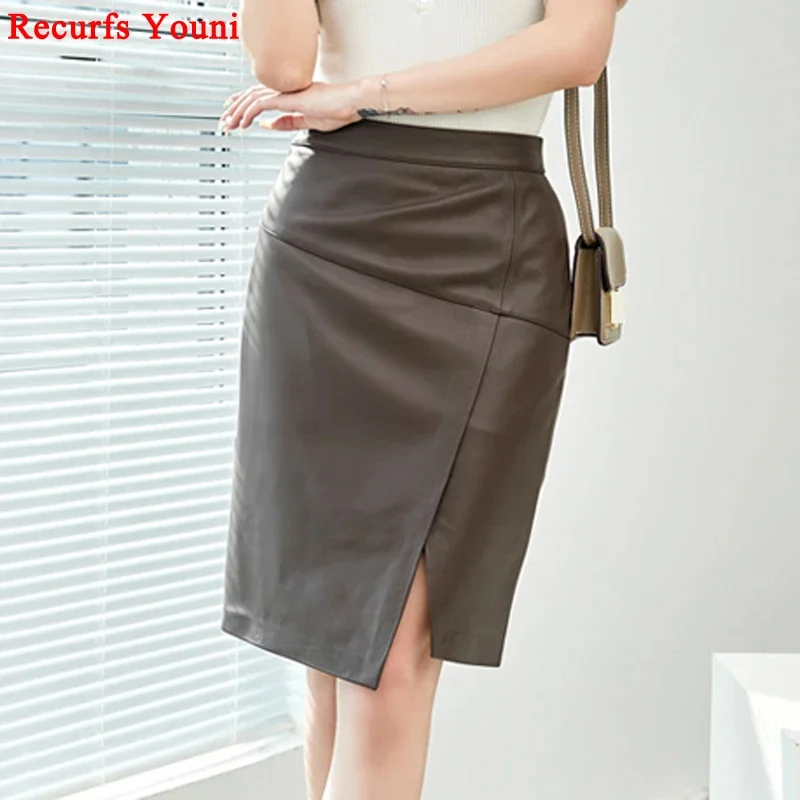 

Slim Ladies Fit Genuine Leather Skirt Women Couro Preta Irregular Fork Midi Jupe Wrapped Hip One Step Meeting Slit saia Feminina