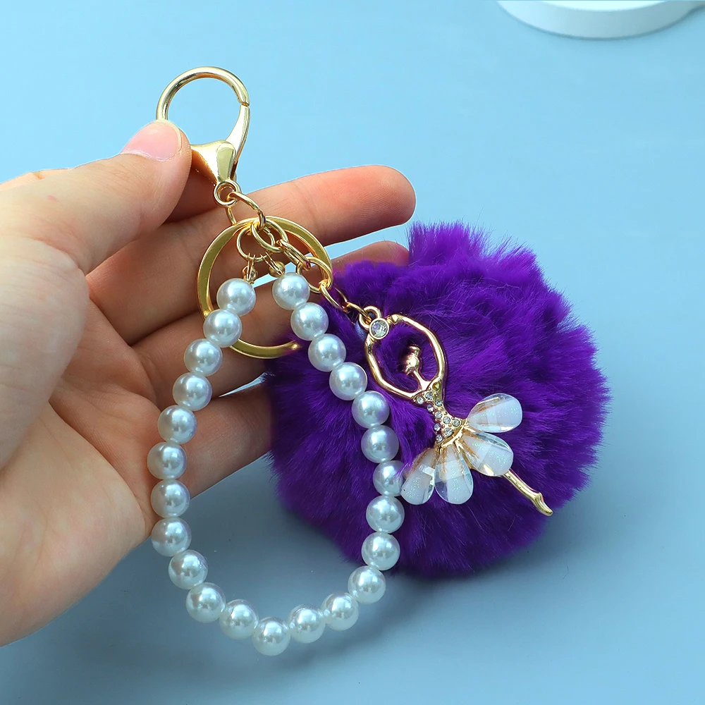 Purple Ballet Girl Pom Pom Keychain | Rhinestone Dancing Girl Fluffy Ball Keyring Charm - View #6