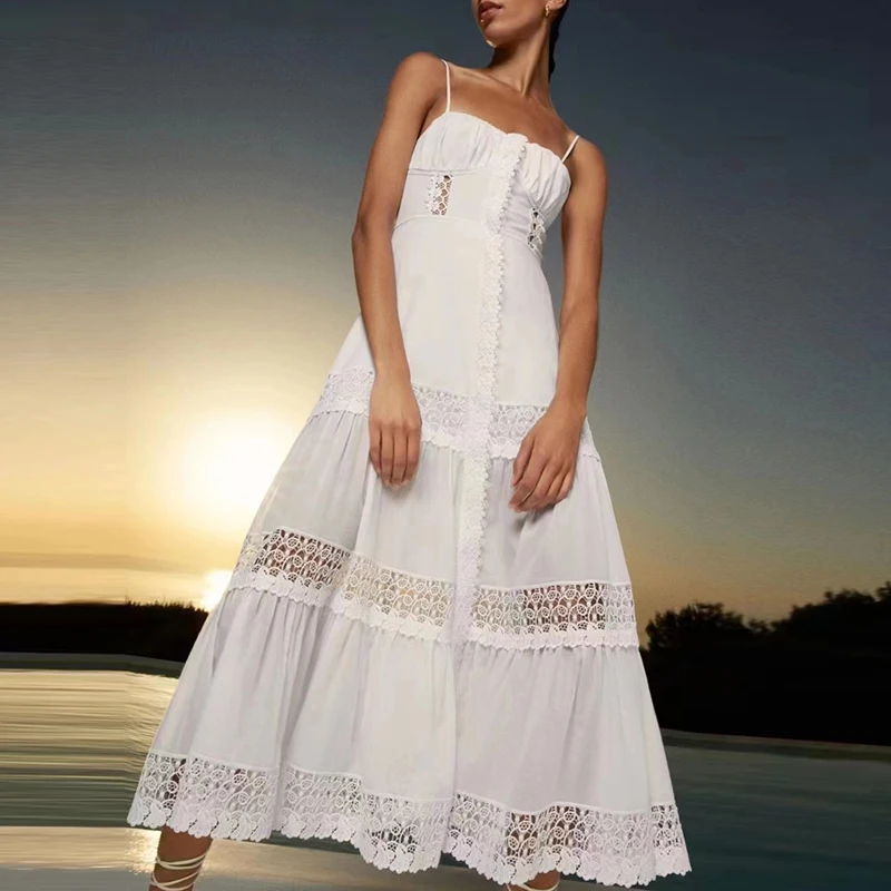 

Women Spaghetti Strap Maxi Dress Summer Sleeveless Lace Hollow Out Slim Fit Long Casual French Slip Dress