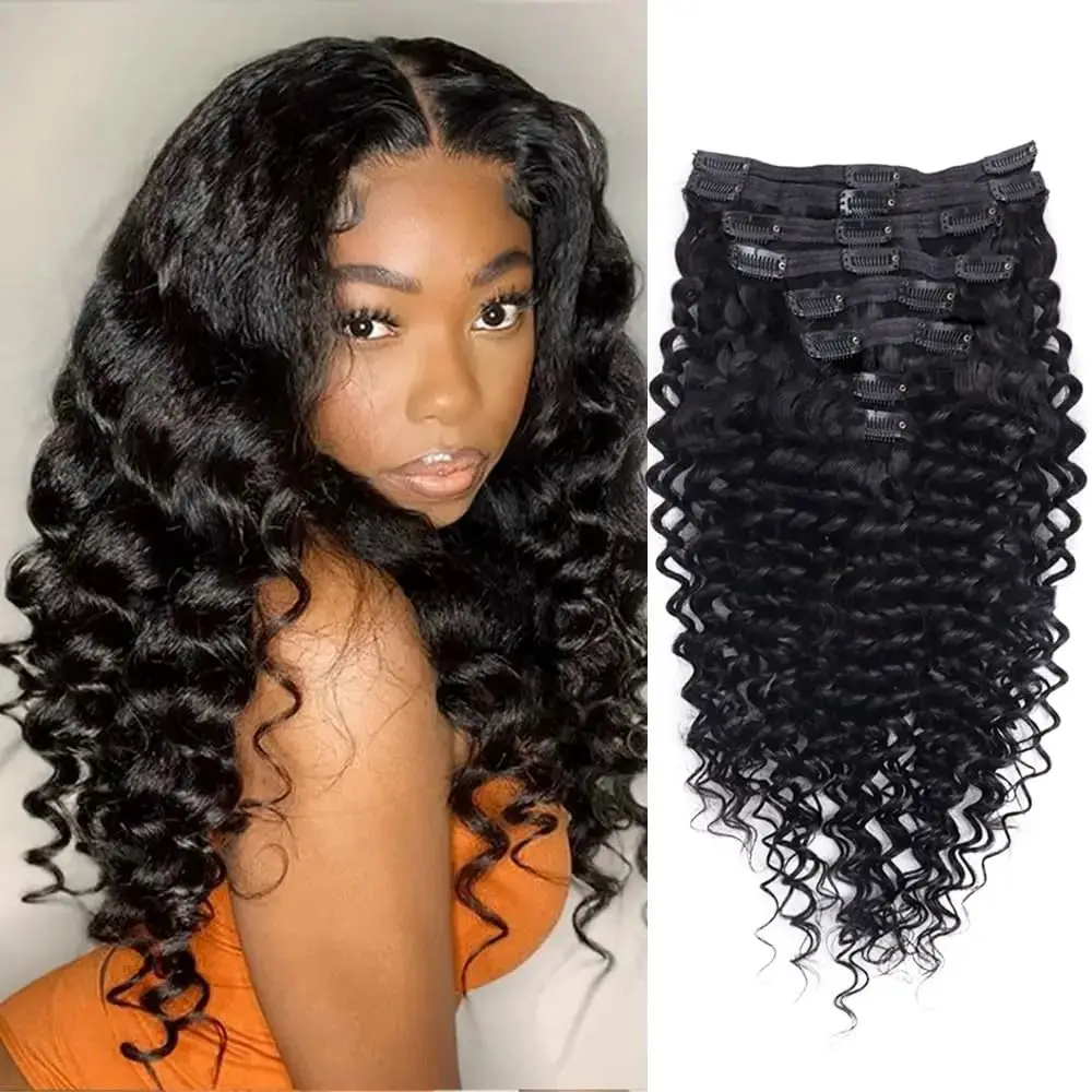 Deep Wave Clip ins Human Hair Extensions Women 8Pcs 120g/set