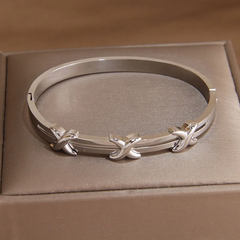 Classic Stainless Steel Metal Cross Geometric Bracelet for Women Elegant Letter Bangles Rust-proof Wrist Jewelry 6